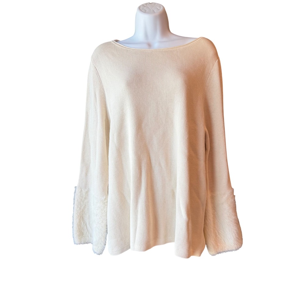 J Jill Sweater Womens XL Petite Ivory Faux Fur Cuff Boat Neck Tunic